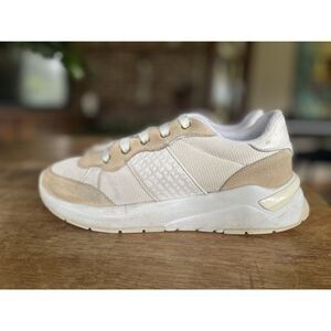 Boss Womens Sneakers Size 38 US 7.5 White Beige Suede Leather Mesh Casual Shoes